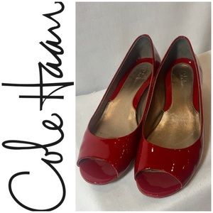 Cole Haan Red Patent Leather Peep Toe Wedge